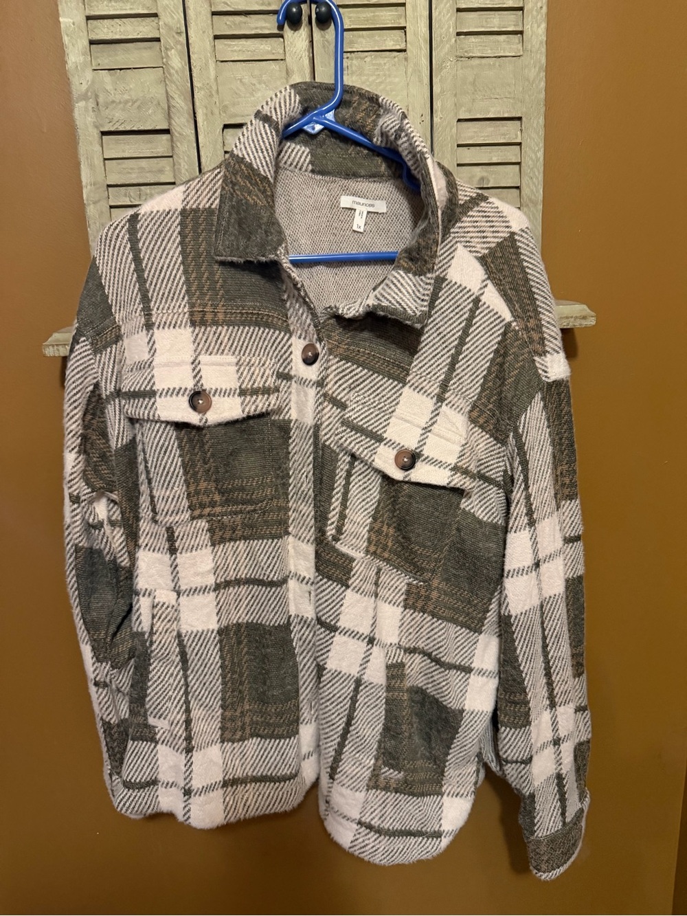 Maurices Olive & Cream Plaid Utility Shacket